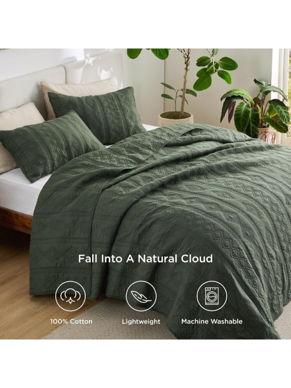 100% Cotton King Quilt Set - Soft Olive Green Bedspread for Cozy Home Decor - Picture 2 of 9
